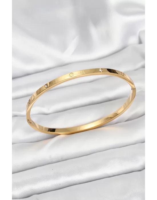 316L Çelik Gold Renk Zirkon Taşlı 65 mm İnce Kadın Kelepçe Bileklik