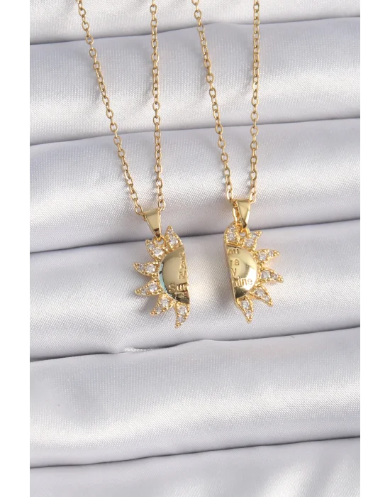 316L Çelik Gold Renk Zirkon Taşlı Güneş Model İşleme Yazı Detay Arkadaş Kolyesi