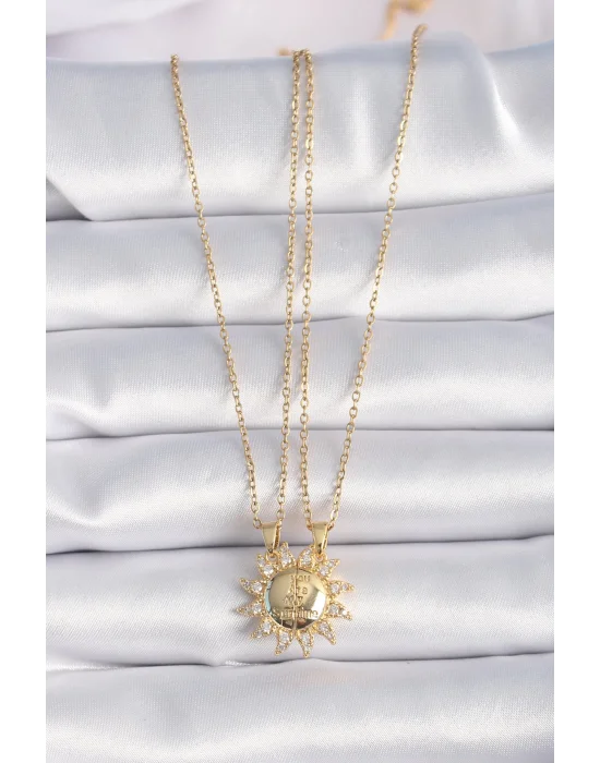 316L Çelik Gold Renk Zirkon Taşlı Güneş Model İşleme Yazı Detay Arkadaş Kolyesi