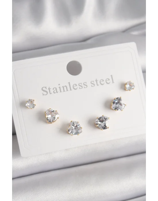 316L Çelik Gold Renk Zirkon Taşlı Kalp Model Kadın Küpe Seti