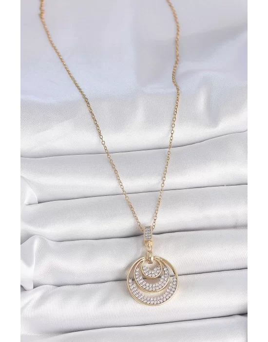 316L Çelik Gold Renk Zirkon Taşlı Madalyon Model Kadın Kolye