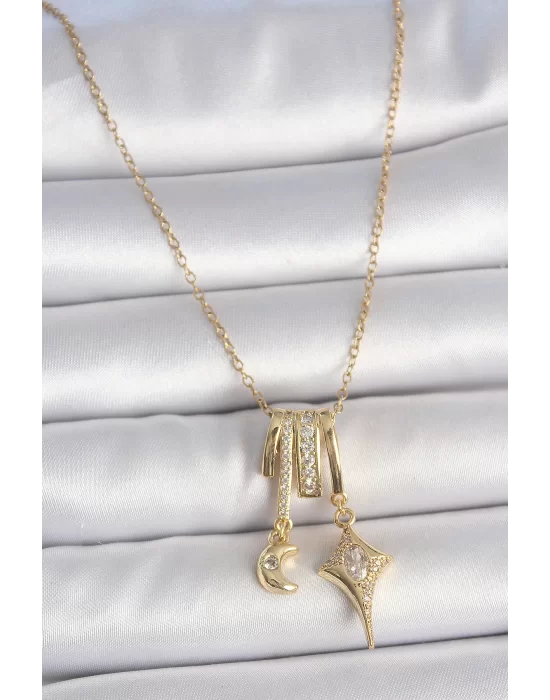 316L Çelik Gold Renk Zirkon Taşlı Sallantı Ay Yıldız Figür Charm Kadın Kolye