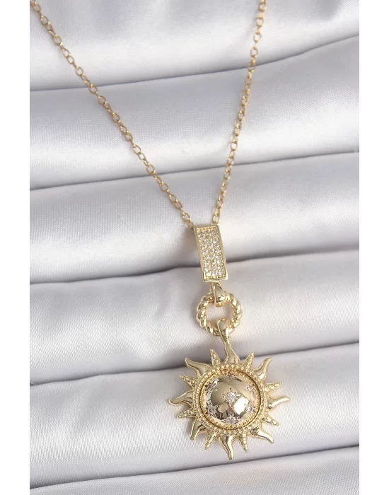 316L Çelik Gold Renk Zirkon Taşlı Sallantı Güneş Model Kadın Kolye