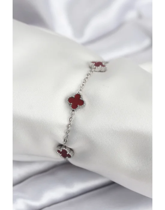 316L Çelik Gümüş Renk Bordo Baby Boy Yonca Kadın Bileklik