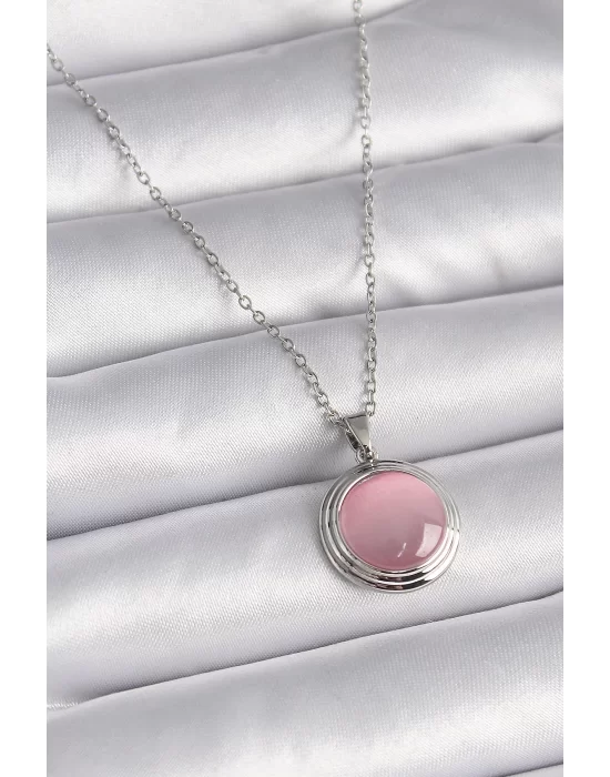 316L Çelik Gümüş Renk Daire Pembe Sedefli Model Kadın Kolye