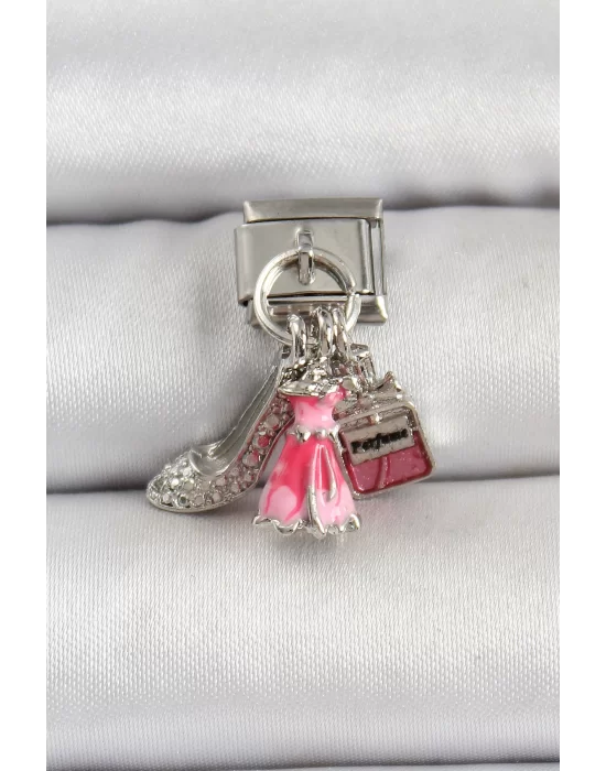 316L Çelik Gümüş Renk Pembe Elbise Kombini Model Nomination Charm