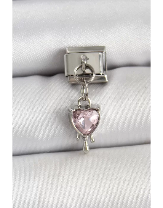 316L Çelik Gümüş Renk Pembe Kalp Model Nomination Charm