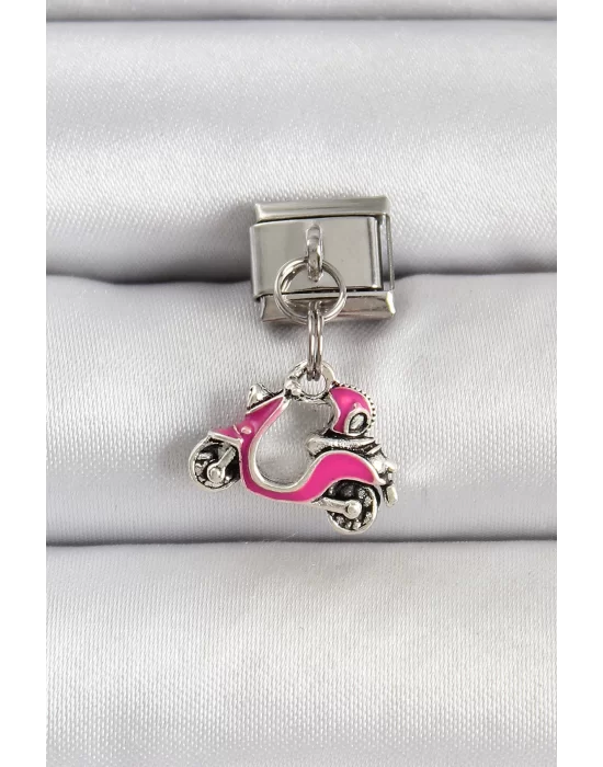 316L Çelik Gümüş Renk Pembe Scooter Model Nomination Charm