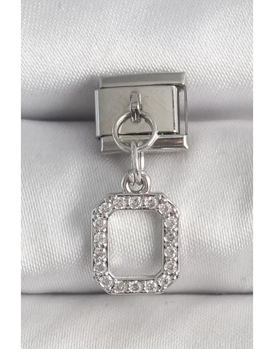 316L Çelik Gümüş Renk Sallantı Zirkon Taşlı Kare Model Nomination Charm