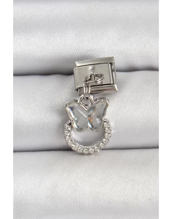 316L Çelik Gümüş Renk Taşlı Kelebek Model Nomination Charm