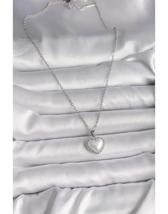 316L Çelik Gümüş Renk Zincir 3D İnci Kalp Model Kadın Kolye