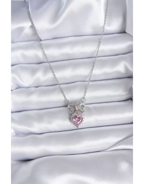 316L Çelik Gümüş Renk Zincir Pembe Kristal Kalp Zirkon Taşlı Kurdele Model Kadın Kolye