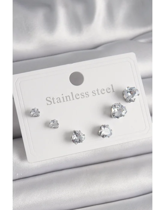 316L Çelik Gümüş Renk Zirkon Taşlı Kalp Model Kadın Küpe Seti