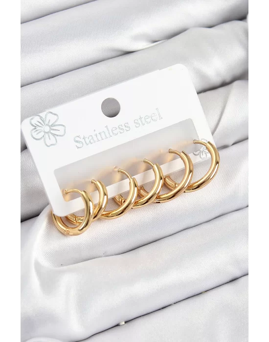 316L Çelik Halka Model Gold Renk 3lü Set Kadın Küpe