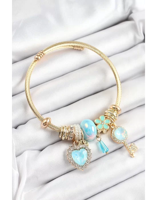 316L Çelik Mavi Zirkon Taşlı Anahtar Ve Kalp Model Gold Renk Charm Bileklik