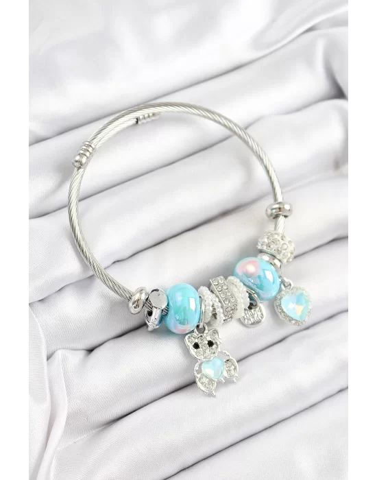 316L Çelik Mavi Zirkon Taşlı Ayıcık Ve Kalp Model Gümüş Renk Charm Bileklik