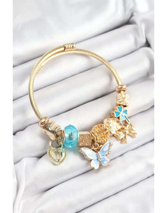 316L Çelik Mavi Zirkon Taşlı Kelebek Fiyonk Ve Kilit Model Gold Renk Charm Bileklik
