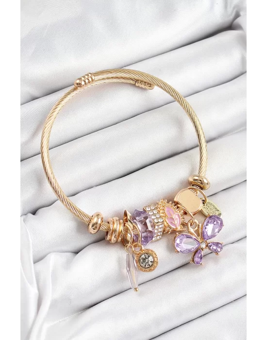 316L Çelik Mor Zirkon Taşlı Kelebek Model Gold Renk Charm Bileklik