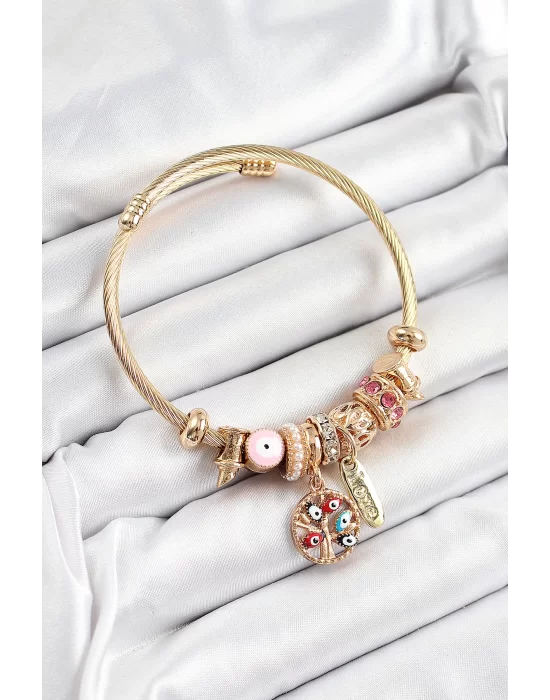 316L Çelik Pembe Nazarlı Zirkon Taşlı İnci Detaylı Hayat Ağacı Model Gold Renk Charm Bileklik
