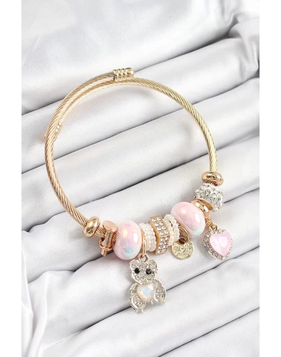 316L Çelik Pembe Zirkon Taşlı Ayıcık Ve Kalp Model Gold Renk Charm Bileklik