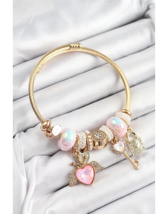 316L Çelik Pembe Zirkon Taşlı Kilit Anahtar Ve Kalp Model Gold Renk Charm BileklikCharm Bileklik