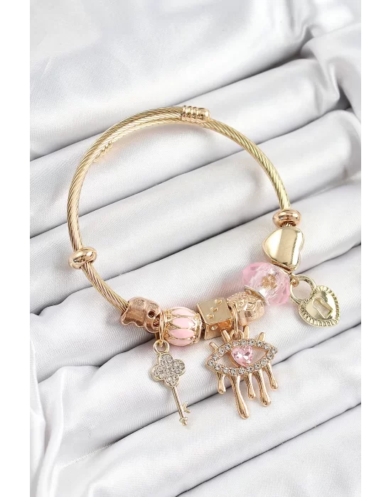 316L Çelik Pembe Zirkon Taşlı Kilit Göz Ve Anahtar Model Gold Renk Charm Bileklik