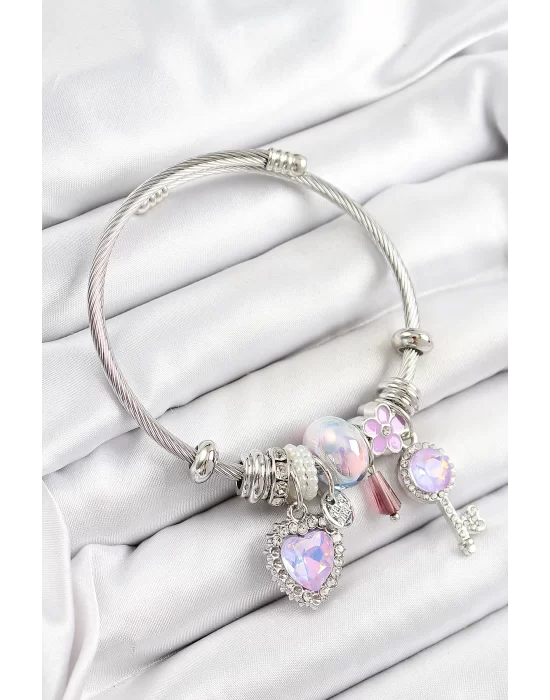 316L Çelik Pembe Zirkon Taşlı Yıldız Anahtar Ve Kalp Model Gümüş Renk Charm Bileklik