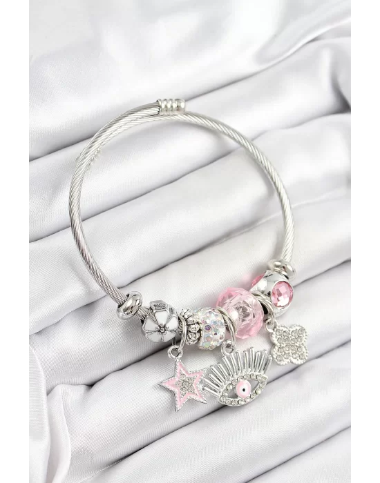316L Çelik Pembe Zirkon Taşlı Yıldız Göz Ve Yonca Model Gümüş Renk Charm Bileklik