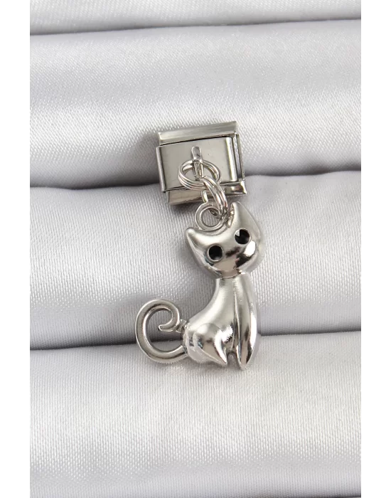 316L Çelik Renk Kedi Model Nomination Charm