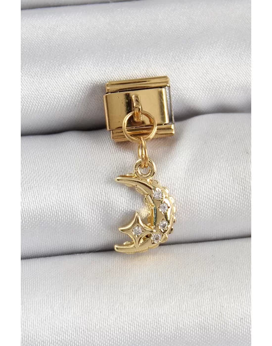 316L Çelik Sallantılı Zirkon Taşlı Ay Model Gold Renk Nomination Charm