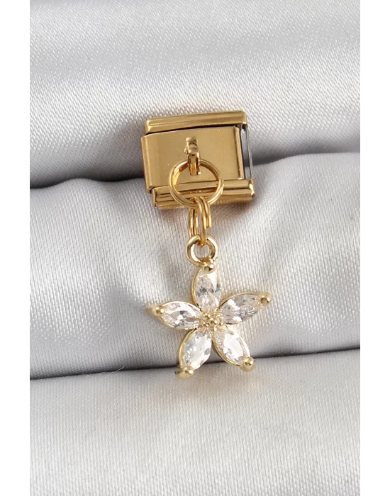 316L Çelik Sallantılı Zirkon Taşlı Çiçek Model Gold Renk Nomination Charm