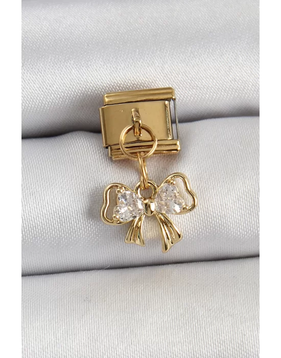 316L Çelik Sallantılı Zirkon Taşlı Fiyonk Model Gold Renk Nomination Charm