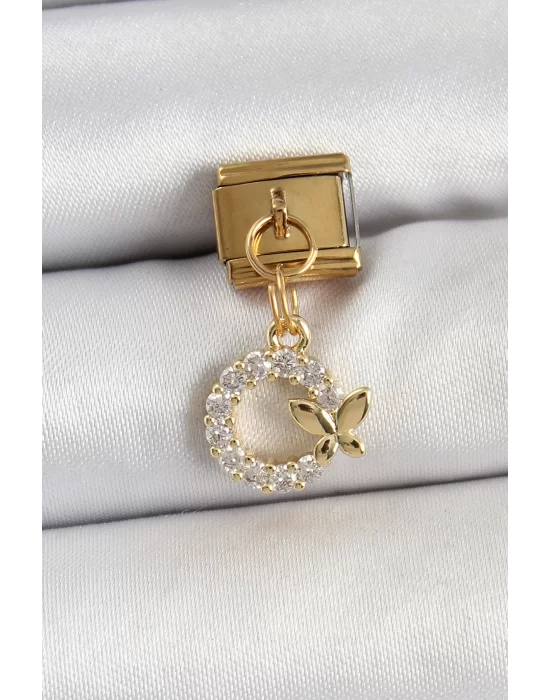 316L Çelik Sallantılı Zirkon Taşlı Kelebek Detaylı Halka Model Gold Renk Nomination Charm