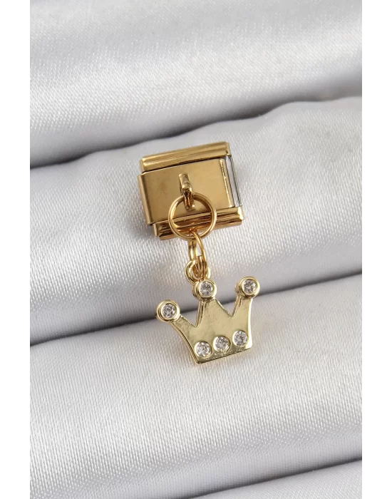 316L Çelik Sallantılı Zirkon Taşlı Kraliçe Tacı Model Gold Renk Nomination Charm