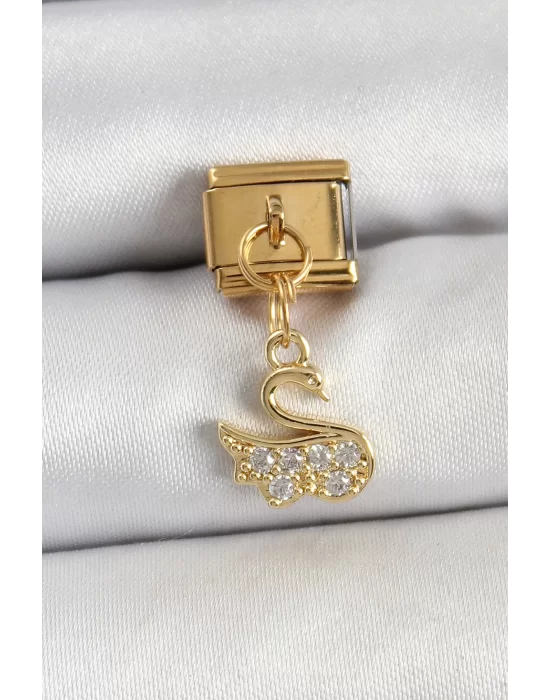 316L Çelik Sallantılı Zirkon Taşlı KuğuModel Gold Renk Nomination Charm