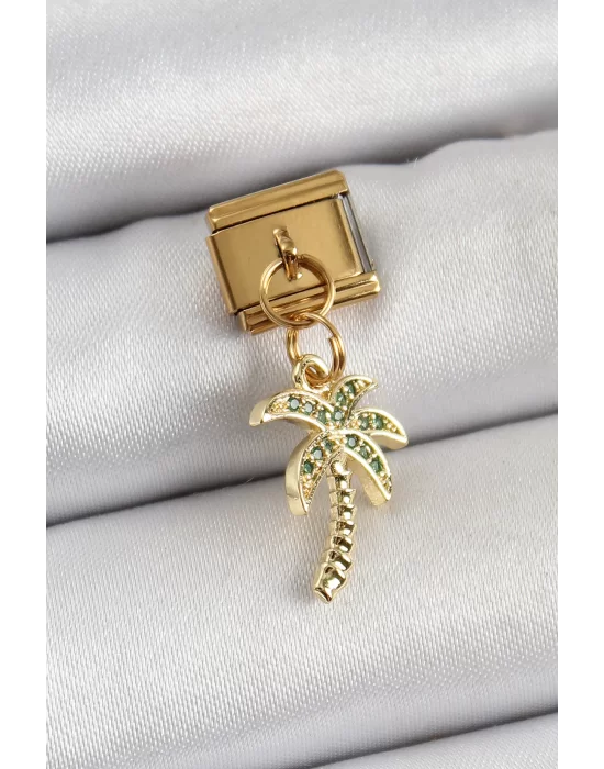 316L Çelik Sallantılı Zirkon Taşlı Palmiye Ağacı Model Gold Renk Nomination Charm