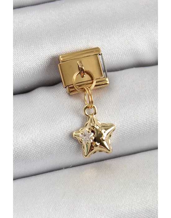 316L Çelik Sallantılı Zirkon Taşlı Yıldız Model Gold Renk Nomination Charm