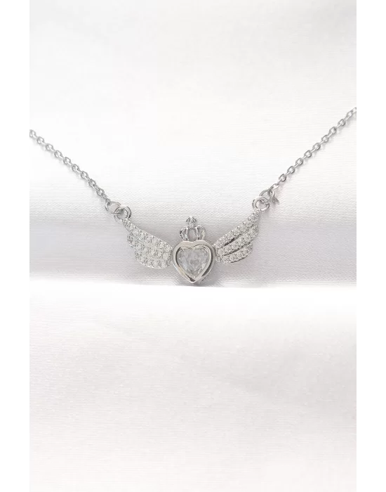 316L Çelik Silver Renk Zirkon Taşlı Kalpli Kanat Kolye
