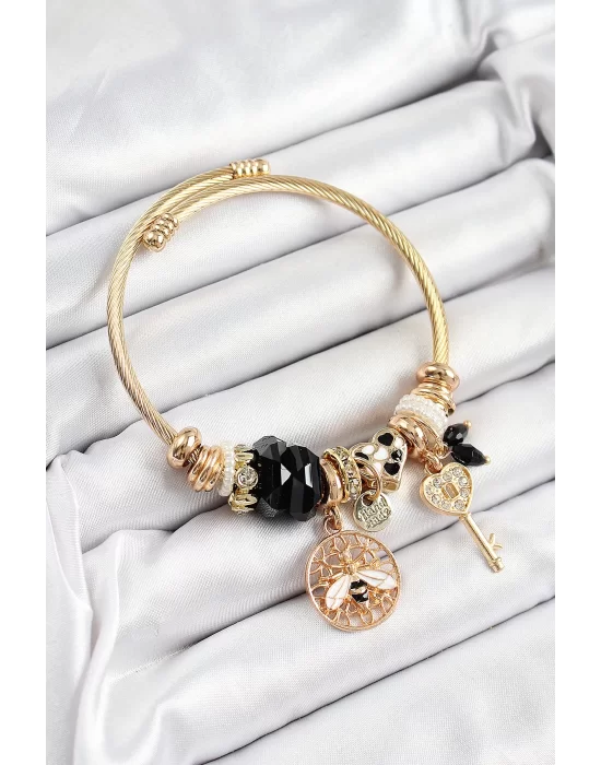316L Çelik Siyah Zirkon Taşlı Baykuş Arı Ve Anahtar Model Gold Renk Charm Bileklik