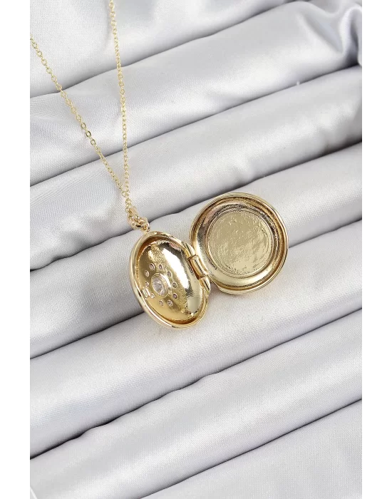 316L Çelik Zincir Açılabilir Madalyon Model Zirkon Taşlı Gold Renk Kadın Kolye