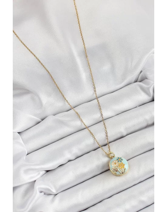 316L Çelik Zincir Açılabilir Sanatsal Vintage Çiçek Model Gold Renk Kadın Kolye