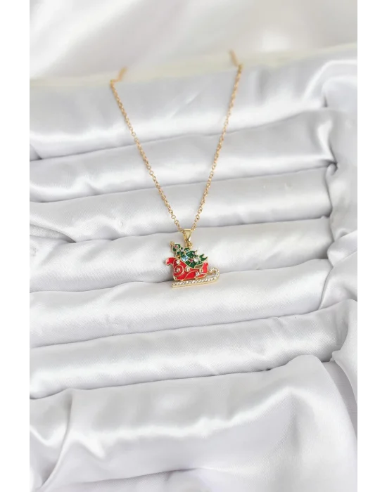 316L Çelik Zincir Gold Renk Kızak ve Çam Ağacı Figürlü Yılbaşı Temalı Kadın Kolye