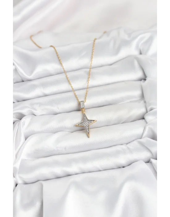 316L Çelik Zincir Gold Renk Kutup Yıldızı Model Zirkon Taşlı Kadın Kolye