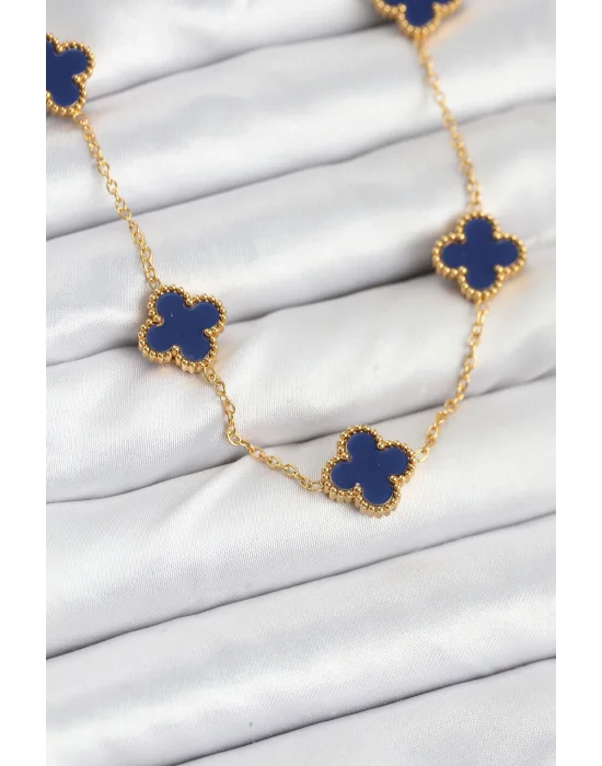 316L Çelik Zincir Gold Renk Lacivert Yonca Kadın Kolye