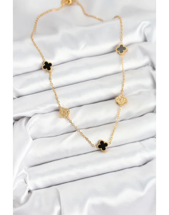 316L Çelik Zincir Gold Renk Siyah ve Zirkon Taşlı Baby Boy Yonca Kadın Kolye