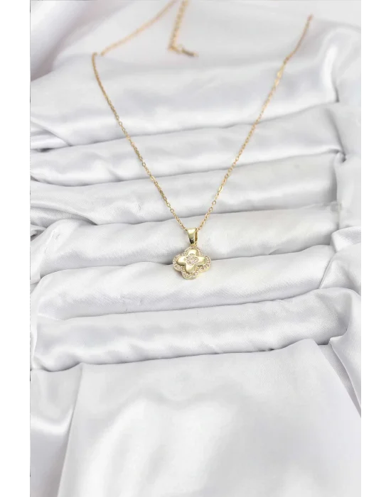 316L Çelik Zincir Gold Renk Zirkon Taşlı Yonca Model Kadın Kolye