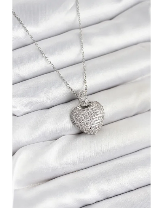 316L Çelik Zincir Gümüş Renk Zirkon Taşlı Kalpli Kadın Kolye