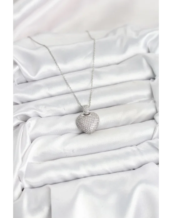 316L Çelik Zincir Gümüş Renk Zirkon Taşlı Kalpli Kadın Kolye