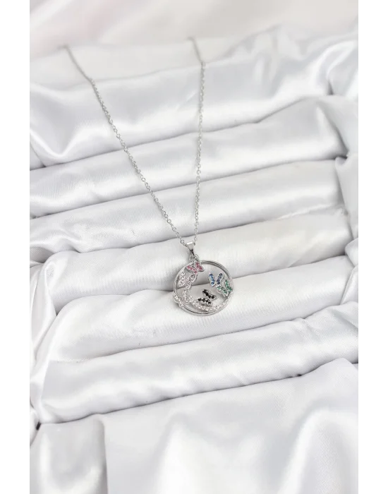 316L Çelik Zincir Gümüş Renk Zirkon Taşlı Kelebekli Kadın Kolye