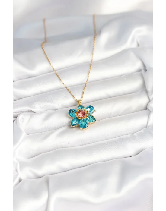 316L Çelik Zincirli Mavi Çiçek Model Kadın Kolye